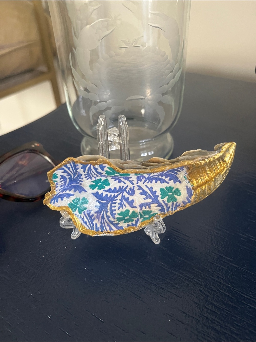Decoupaged Oyster trinket dish with stand
